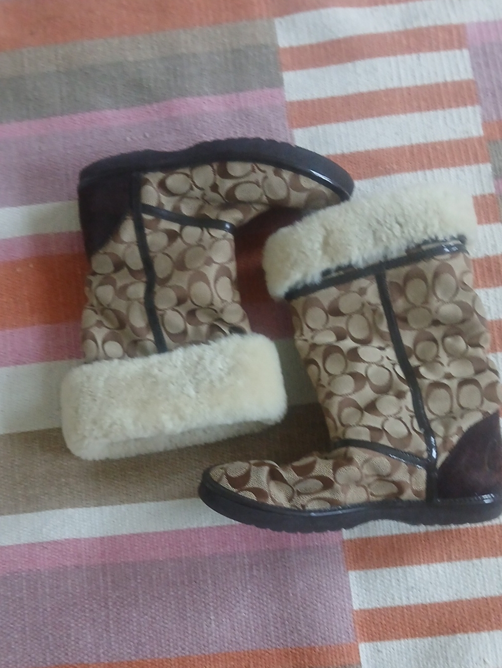 Coach Tan Signature Nikole Canvas Fur-Trim Boots